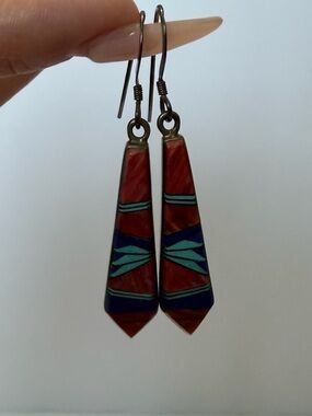 Vintage 925 Sterling Silver Coral Lapis Turquoise Mosaic Dangle Earrings BB